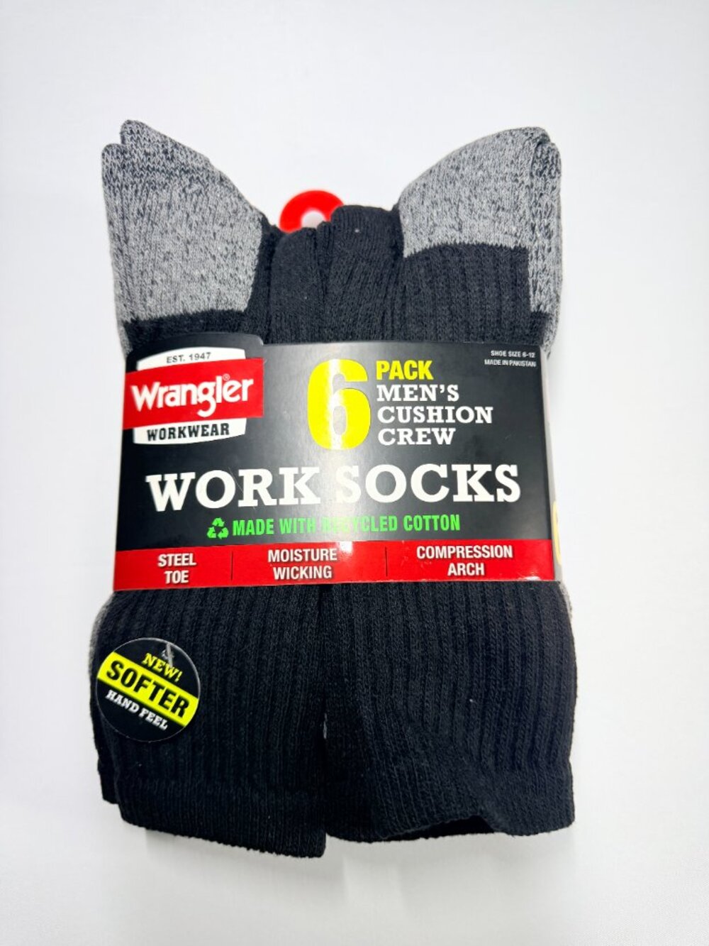 Wrangler Men's Cushion Crew Work Socks Black 6 Pack Arch Support Durable Sz 6-12